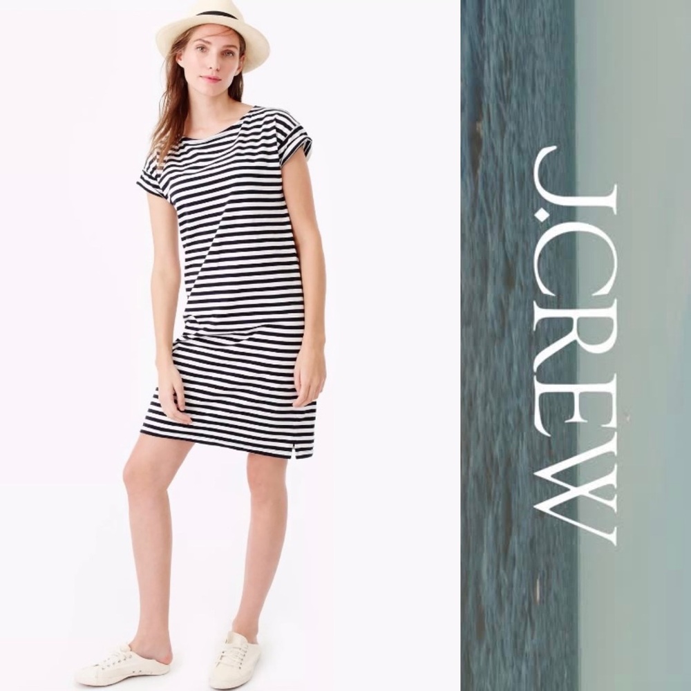 J CREW Women Dress sz XS 100% Cotton Short Sleeve Round Neck White Navy Stripe